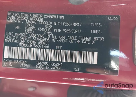 2022 Toyota 4Runner Sr5 из США, поврежденный, VIN JTEMU5JR1N6071756